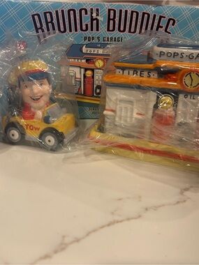 Department 56 “Pop's Garage” Ceramic salt and pepper/butter dish Set